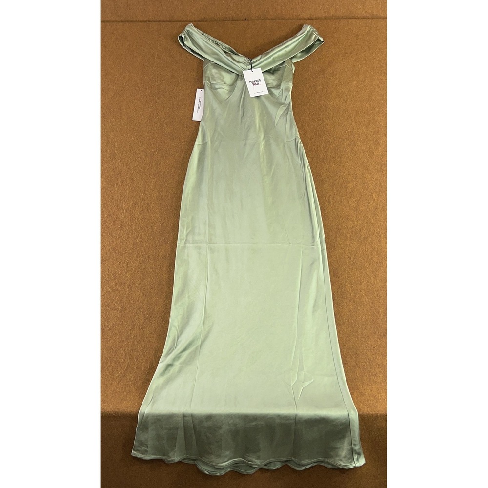 Princess Polly Womens 4 Sage Green Off The Shoulder Lined Sadee Maxi Dress NWT - Picture 1 of 15